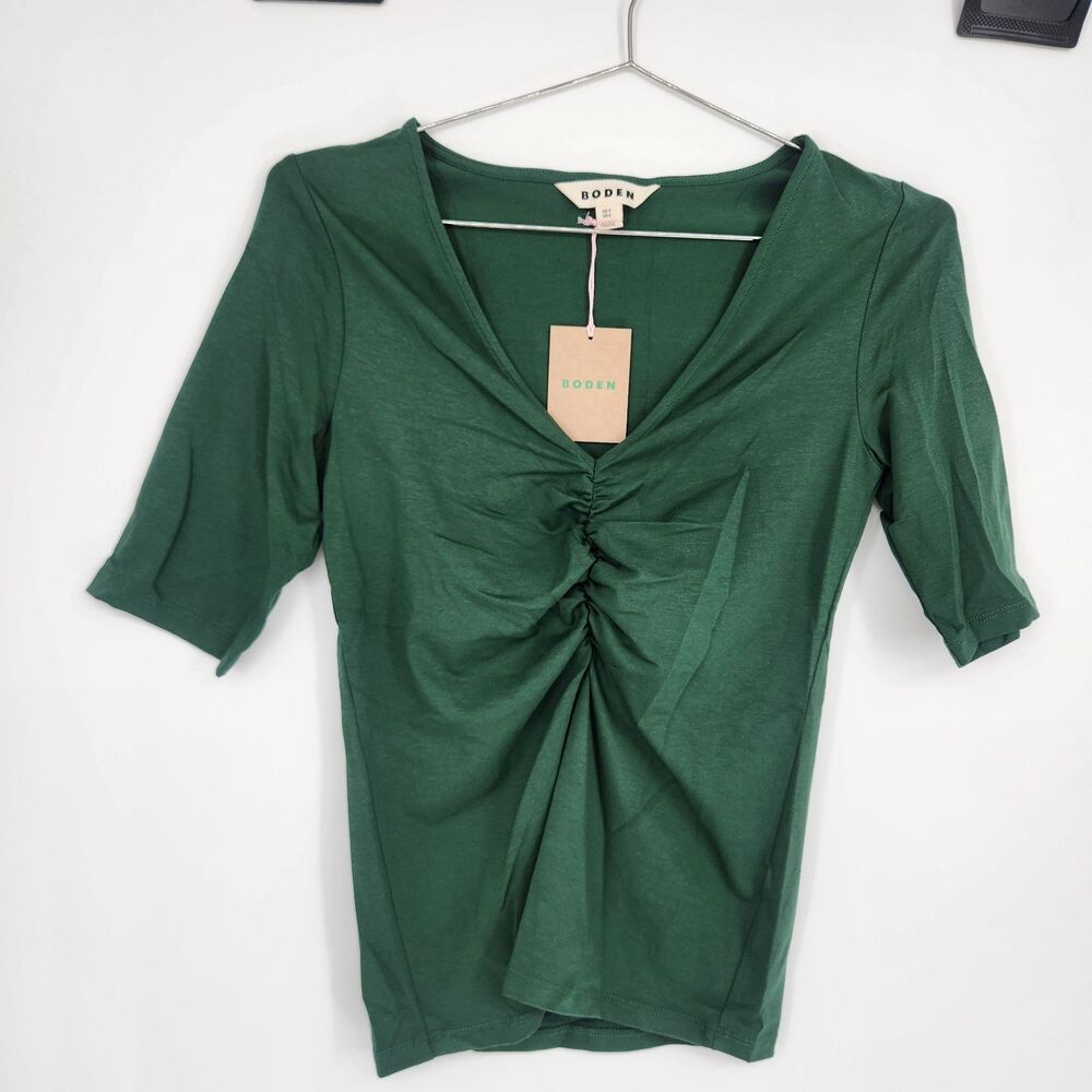 Boden Women's Size 2 Hunter Green‎ Tia Ruched V-Neck Top NWT